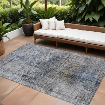 8' X 10' Blue And Gray Floral Washable Indoor Outdoor Area Rug