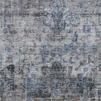 9' X 12' Blue And Gray Floral Washable Indoor Outdoor Area Rug