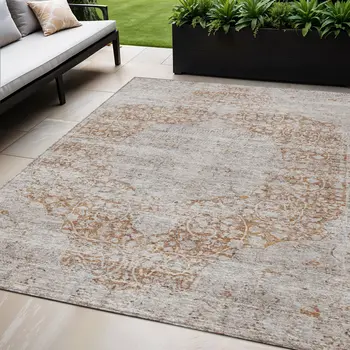 5' X 8' Copper And Beige Floral Washable Indoor Outdoor Area Rug