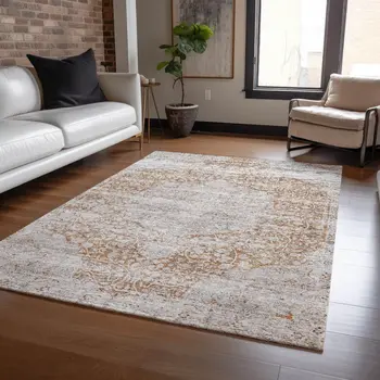 8' X 10' Copper And Beige Floral Washable Indoor Outdoor Area Rug