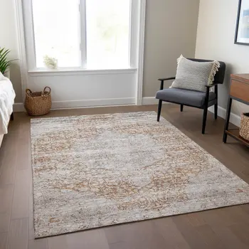 8' X 10' Copper And Beige Floral Washable Indoor Outdoor Area Rug