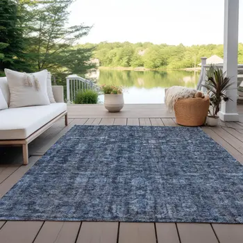 3' X 5' Blue And Black Damask Washable Indoor Outdoor Area Rug