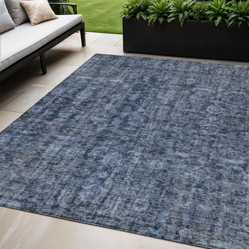 5' X 8' Blue And Black Damask Washable Indoor Outdoor Area Rug
