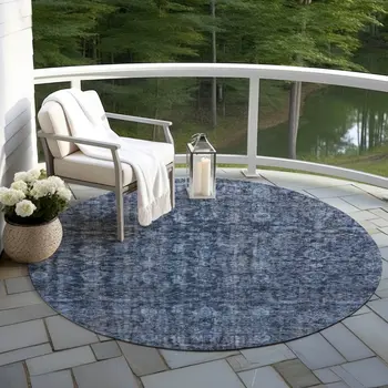8' Blue And Black Round Damask Washable Indoor Outdoor Area Rug