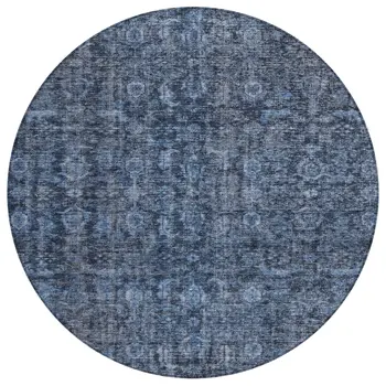 8' Blue And Black Round Damask Washable Indoor Outdoor Area Rug