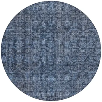 8' Blue And Black Round Damask Washable Indoor Outdoor Area Rug