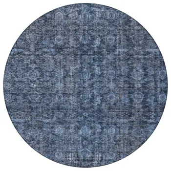 8' Blue And Black Round Damask Washable Indoor Outdoor Area Rug