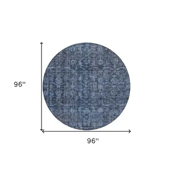 8' Blue And Black Round Damask Washable Indoor Outdoor Area Rug