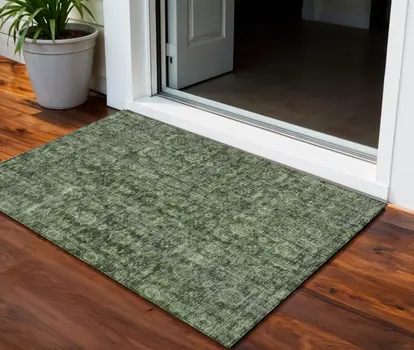 3' X 5' Artichoke Green And Black Damask Washable Indoor Outdoor Area Rug