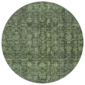 8' Artichoke Green And Black Round Damask Washable Indoor Outdoor Area Rug