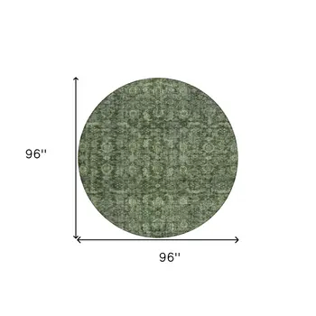 8' Artichoke Green And Black Round Damask Washable Indoor Outdoor Area Rug