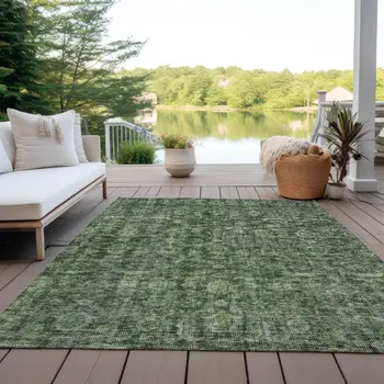 8' X 10' Artichoke Green And Black Damask Washable Indoor Outdoor Area Rug