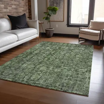 8' X 10' Artichoke Green And Black Damask Washable Indoor Outdoor Area Rug