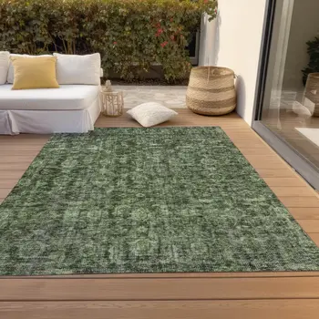 8' X 10' Artichoke Green And Black Damask Washable Indoor Outdoor Area Rug