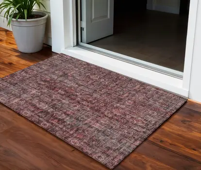 3' X 5' Pink And Brick Red Damask Washable Indoor Outdoor Area Rug