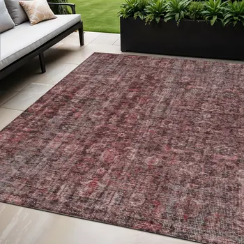 5' X 8' Pink And Brick Red Damask Washable Indoor Outdoor Area Rug
