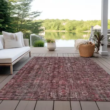 5' X 8' Pink And Brick Red Damask Washable Indoor Outdoor Area Rug