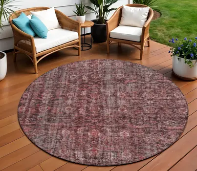 8' Pink And Brick Red Round Damask Washable Indoor Outdoor Area Rug