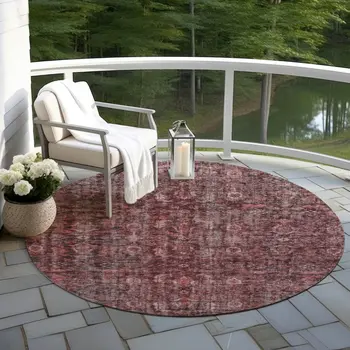 8' Pink And Brick Red Round Damask Washable Indoor Outdoor Area Rug