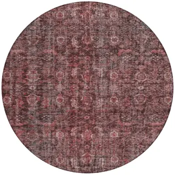 8' Pink And Brick Red Round Damask Washable Indoor Outdoor Area Rug