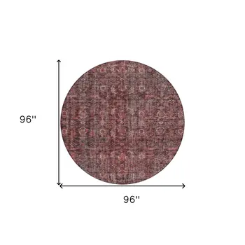 8' Pink And Brick Red Round Damask Washable Indoor Outdoor Area Rug
