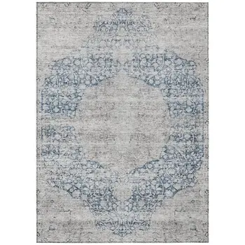 10' X 14' Blue And Ivory Oriental Washable Indoor Outdoor Area Rug