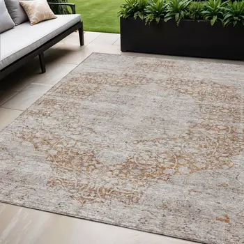 5' X 8' Copper And Beige Oriental Washable Indoor Outdoor Area Rug