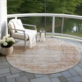 8' Copper And Beige Round Oriental Washable Indoor Outdoor Area Rug