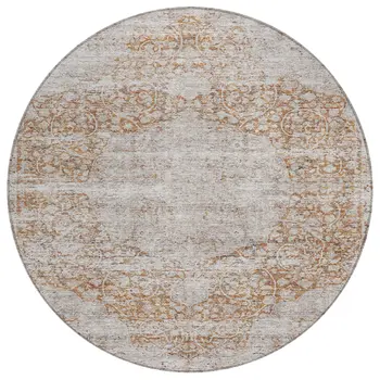 8' Copper And Beige Round Oriental Washable Indoor Outdoor Area Rug