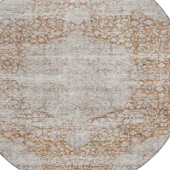 8' Copper And Beige Round Oriental Washable Indoor Outdoor Area Rug