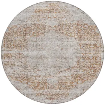 8' Copper And Beige Round Oriental Washable Indoor Outdoor Area Rug