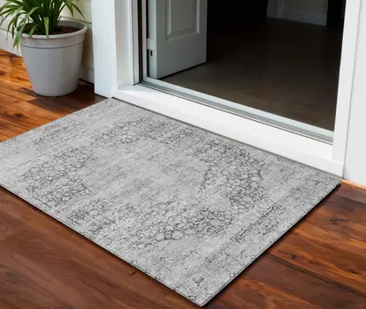 3' X 5' Gray And Ivory Oriental Washable Indoor Outdoor Area Rug