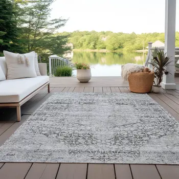 5' X 8' Gray And Ivory Oriental Washable Indoor Outdoor Area Rug