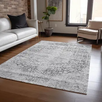 5' X 8' Gray And Ivory Oriental Washable Indoor Outdoor Area Rug