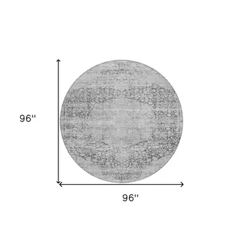 8' Gray And Ivory Round Oriental Washable Indoor Outdoor Area Rug