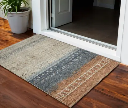3' X 5' Brown Blue And Beige Southwestern Washable Indoor Outdoor Area Rug