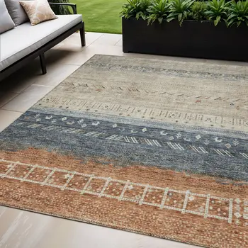 5' X 8' Brown Blue And Beige Southwestern Washable Indoor Outdoor Area Rug