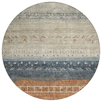 8' Brown Blue And Beige Round Southwestern Washable Indoor Outdoor Area Rug