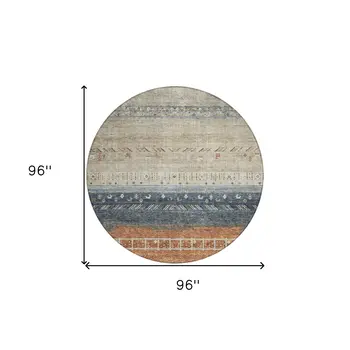 8' Brown Blue And Beige Round Southwestern Washable Indoor Outdoor Area Rug