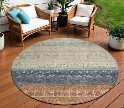8' Brown Blue And Beige Round Southwestern Washable Indoor Outdoor Area Rug
