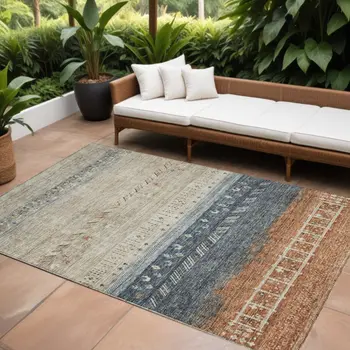 9' X 12' Brown Blue And Beige Southwestern Washable Indoor Outdoor Area Rug