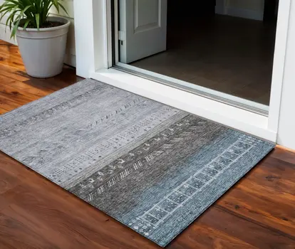 3' X 5' Blue Gray And Charcoal Southwestern Washable Indoor Outdoor Area Rug