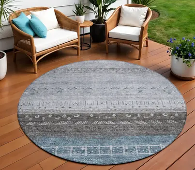 8' Blue Gray And Charcoal Round Southwestern Washable Indoor Outdoor Area Rug
