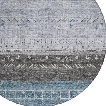 8' Blue Gray And Charcoal Round Southwestern Washable Indoor Outdoor Area Rug