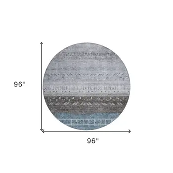 8' Blue Gray And Charcoal Round Southwestern Washable Indoor Outdoor Area Rug