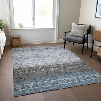10' X 14' Blue Gray And Charcoal Southwestern Washable Indoor Outdoor Area Rug
