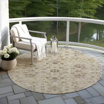 8' Beige Blue And Brown Round Moroccan Washable Indoor Outdoor Area Rug