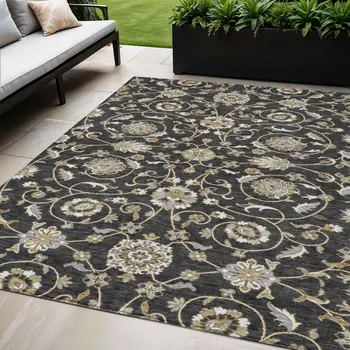 5' X 8' Black Brown And Ivory Moroccan Washable Indoor Outdoor Area Rug