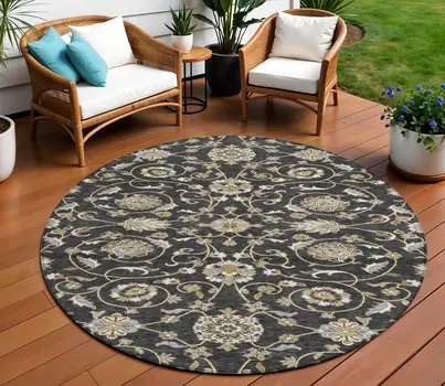 8' Black Brown And Ivory Round Moroccan Washable Indoor Outdoor Area Rug