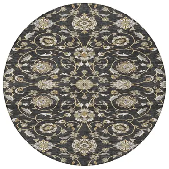 8' Black Brown And Ivory Round Moroccan Washable Indoor Outdoor Area Rug